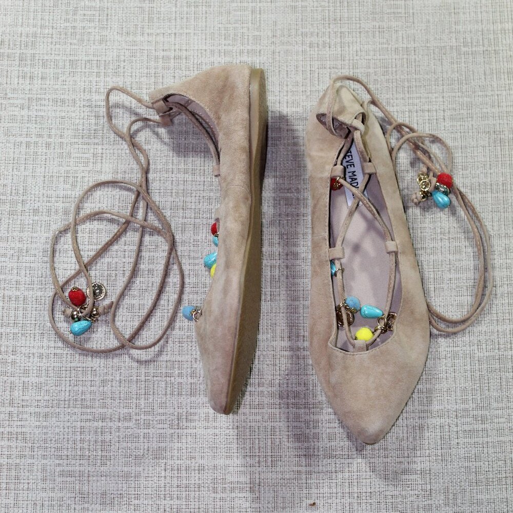 Steve Madden Size 8 Bedangled Tan Suede Leather Gladiator Flats
